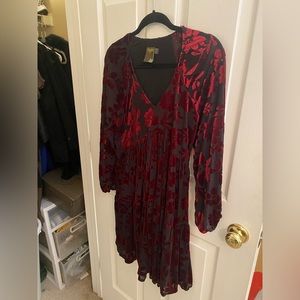 Christmas party dress- Black and red velvet floral a line long sleeved dress.